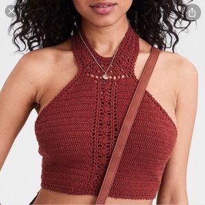 American Eagle Red Crochet Halter Crop Tank Sz XS